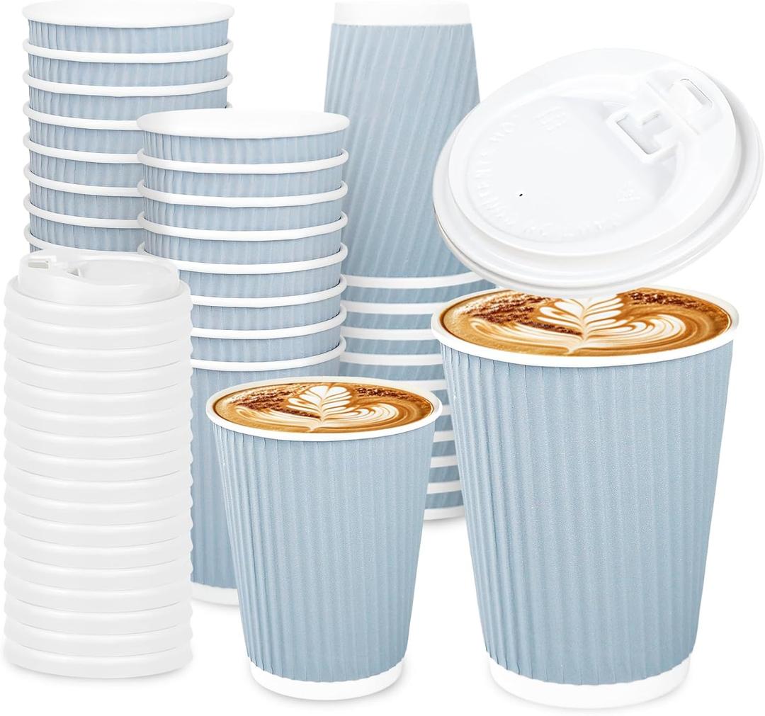 Whaline 100Pcs Light Blue Disposable Coffee Cups with Lids 12oz Solid Blue Paper Cups Corrugated Ripple Wall Insulated Hot Cups for Home Office Party Supplies