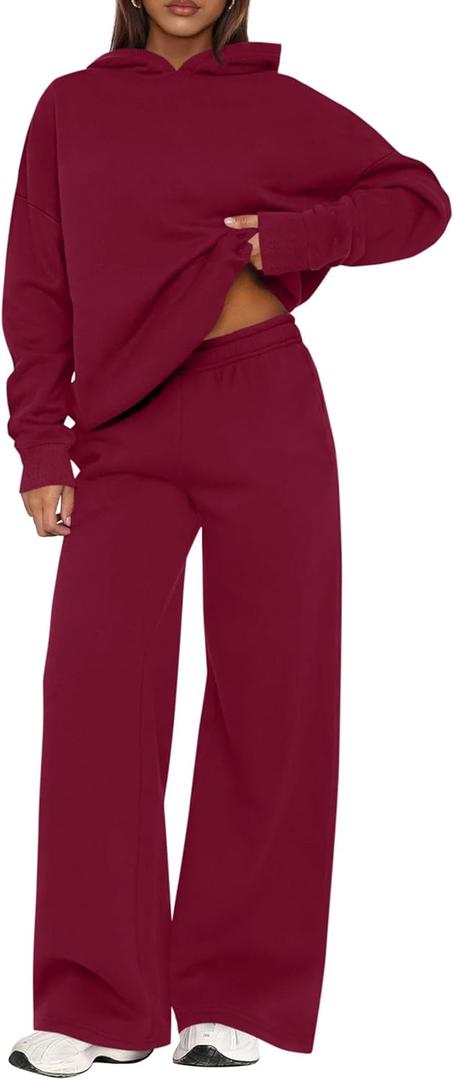 PRETTYGARDEN Womens Sweatsuits 2 Piece Set 2025 Casual Winter Long Sleeve Hoodie Loose Wide Leg Sweatpants Fall Tracksuit (Large, WineRed)