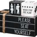 Blulu Funny Mini Bathroom Room Sign Decor Wooden Bedroom Shelf Decor Mini Preppy Farmhouse Tiered Tray Ornament Reversible Book Rome Shelf Signs for Toilet Home Wall