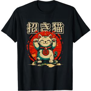 Maneki Neko Lucky Cat Japanese Money Kitten Good Luck Charm T-Shirt (Small, Black)