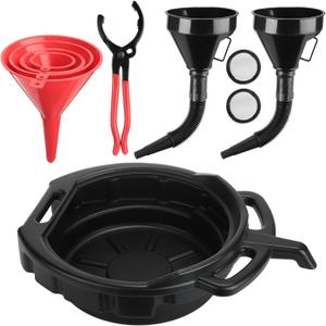 8 Pcs Automotive Oil Funnel Set Include 4 Wide Mouth Flexible Funnel with Handle 2 Plastic Large Funnels Adjustable Oil Filter Wrenches Drain Pan for Cars and Motorcycles