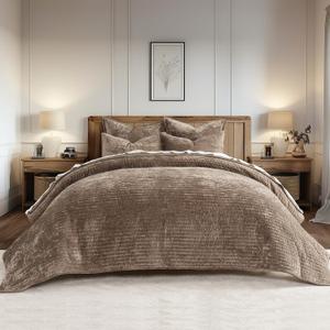 EVERGRACE Velvet Quilt Set California King 118'' x 106'', Luxurious Soft Striped Channel Bedding Set, Lightweight Velvet Comforter for All Season, Oversized Bedspread Coverlet w/ 2 Shams, Mocha Brown