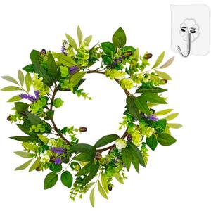 Spring Summer Wreath for Front Door, 18 Inch Olive Leaf Wreath with Lavender, Eucalyptus, Clover & Olive Fruits, Farmhouse Greenery Wreath for Indoor Outdoor Home Decor Festival Wedding Decor