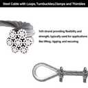 3/8 Stainless Steel Cable, PIUM 30Ft Wire Rope, Aircraft Cable with 7x19 Strands and 12000lbs Breaking Strength, 304 Stainless Steel Wire Rope with Loops for Winch Cable, Boat Lift Cable