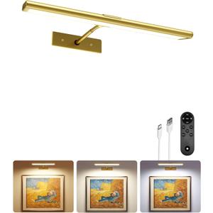 EZVALO Picture Light for Wall, 4800mAh Rechargeable Wireless with IR Remote Control, Dimmable Magnetic LED Art Display Light with 3 Color Temperatures, for Gallery, Living Room, Bedroom(Gold)