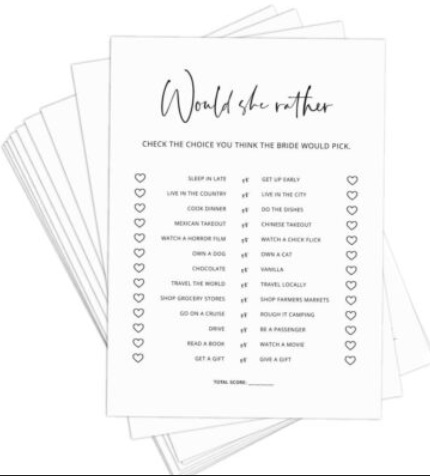 Over or Under Bridal Shower Game Cards, 35 Pack, 4.7 x 6.7 inches, Premium Card Stock, Minimalist Design