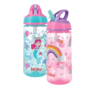 Nuby 2 Pack Iridescent PP Flip-it Kids On-The-Go Printed Water Bottle with Bite Proof Hard Straw - 18oz / 540 ml, 18+ Months, 2 pk, Mermaid & Rainbow Print (Aqua/Pink)