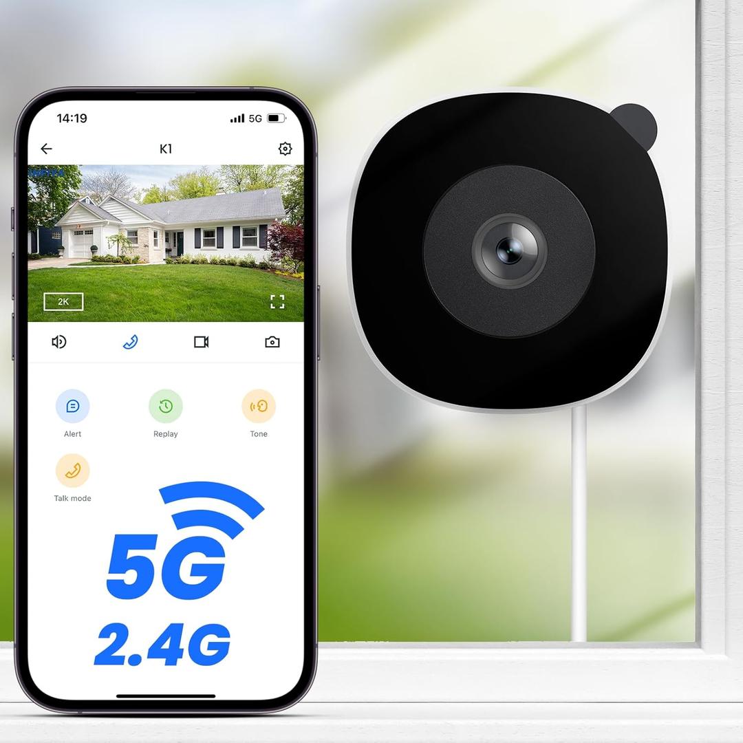 2K Window Cameras for Home Security- 5Ghz & 2.4Ghz WiFi Window Camera, Color Night Vision, Motion & Human Detection, Continuous 24/7 Recording, Cloud (Optional) & Local Storage, K1 1P