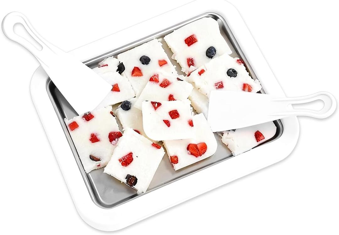 Rolled Ice Cream Maker - Instant Freeze Plate with 2 Scrapers, Food-Grade Stainless Steel Ice Cream Machine for Frozen Yoghurt, Rolled Ice Cream, Gelato, Soft Serve (White)