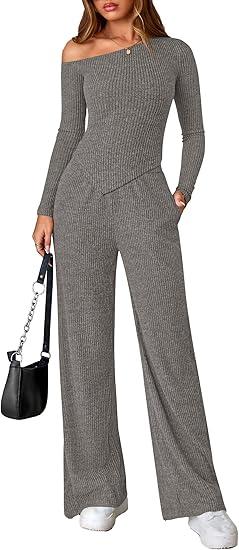 PRETTYGARDEN Fall Two Piece Sets For Women 2026 Off Shoulder Tops Long Pants Knit Matching Lounge Set Airport Travel Outfits(Grey,Medium)