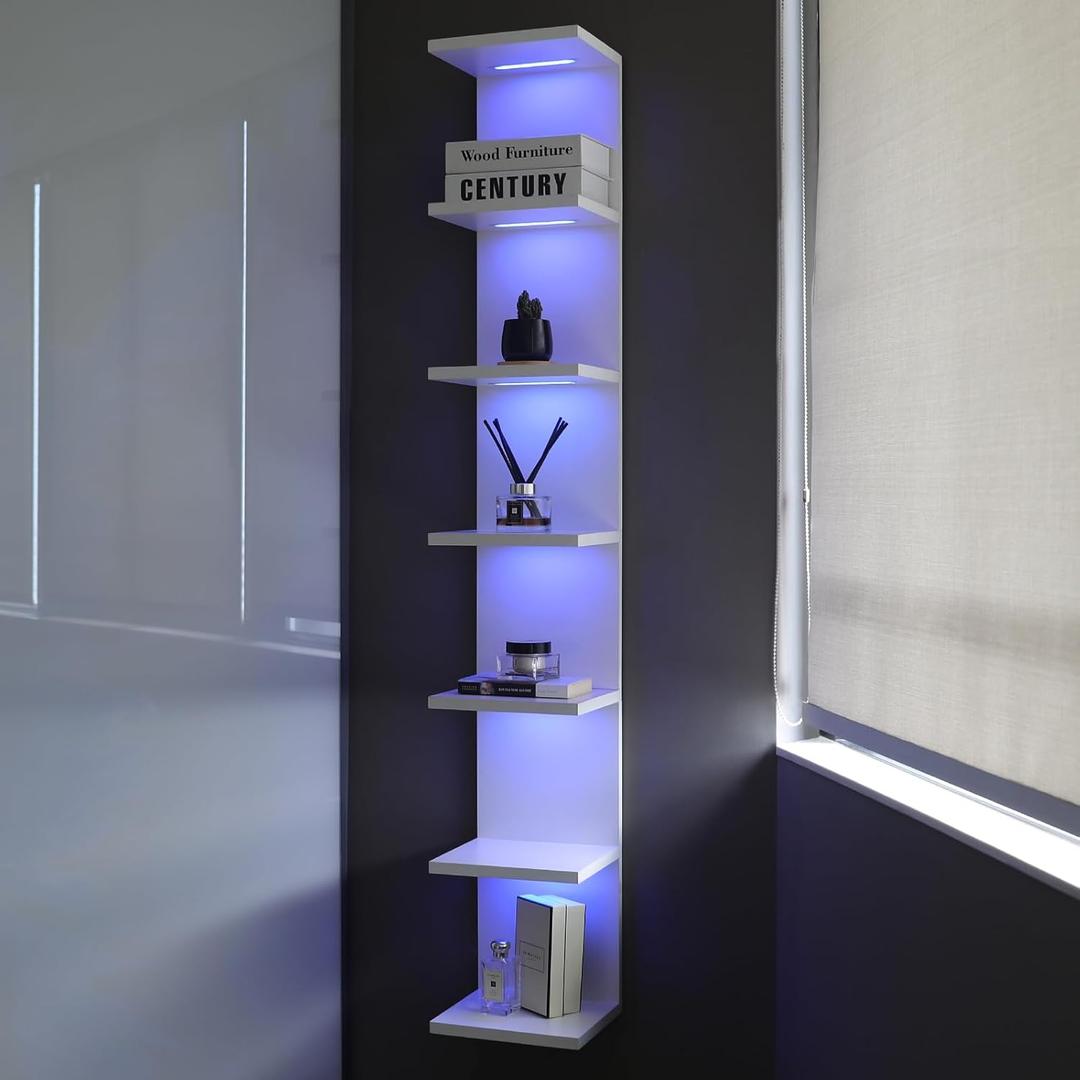 7 Tier Wall Shelves with RGB Light, Lack Wall Shelf Unit, Vertical Shelf with Remonte Control,White Shelves