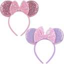 2 Pack Pink Purple Mouse Ears Headbands for Women Girls, Sequin Bow Headband for Cosplay Costume Birthday Party Decorations Hair Accessories