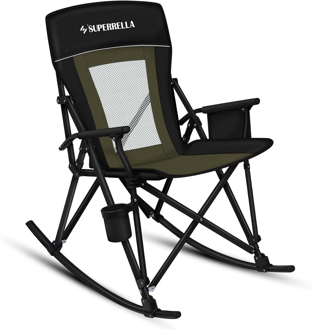 Folding Rocking Camping Chair Portable Outdoor Rocker with High Mesh Back, Handrail Bars, Carry Bag, Cup Holder, Bottle Opener, Supports 400 lbs, Black&Green