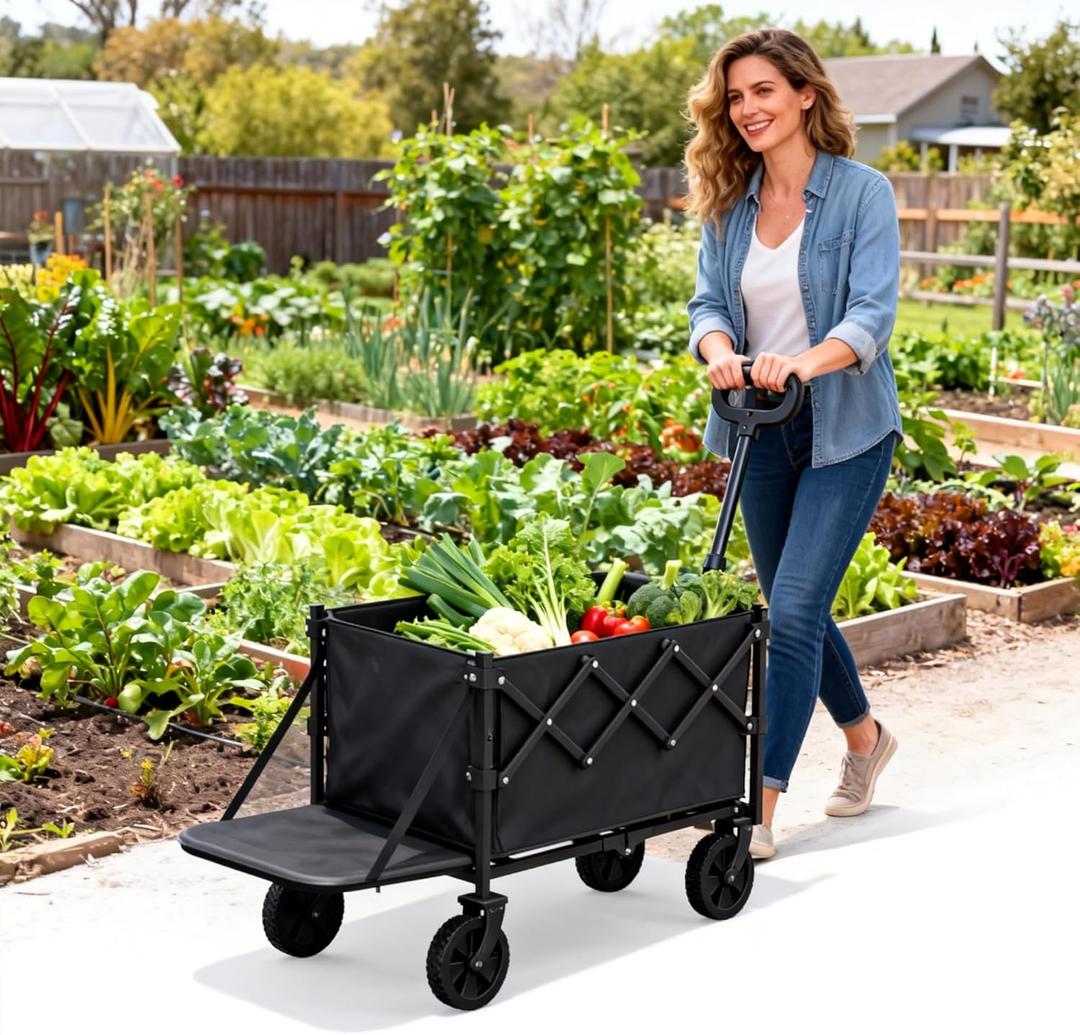 Small Collapsible Wagon with Extended Tailgate, Wagons Carts Folding with 300lbs Capacity, Lightweight Portable Utility Wagon Cart for Shopping Camping Sports Garden(Black)
