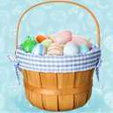 Wooden Easter Basket with Handle Woodchip Basket with Blue Gingham Liner Round Wood Basket for Easter Egg Hunting Gift Treat Storage Home Decoration Picnic Party Favors, 8'' x 6''