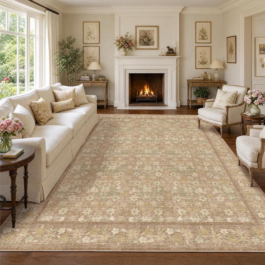 Deerly Area Rug 8x10 for Living Room Boho Floral Print Washable Warm Beige