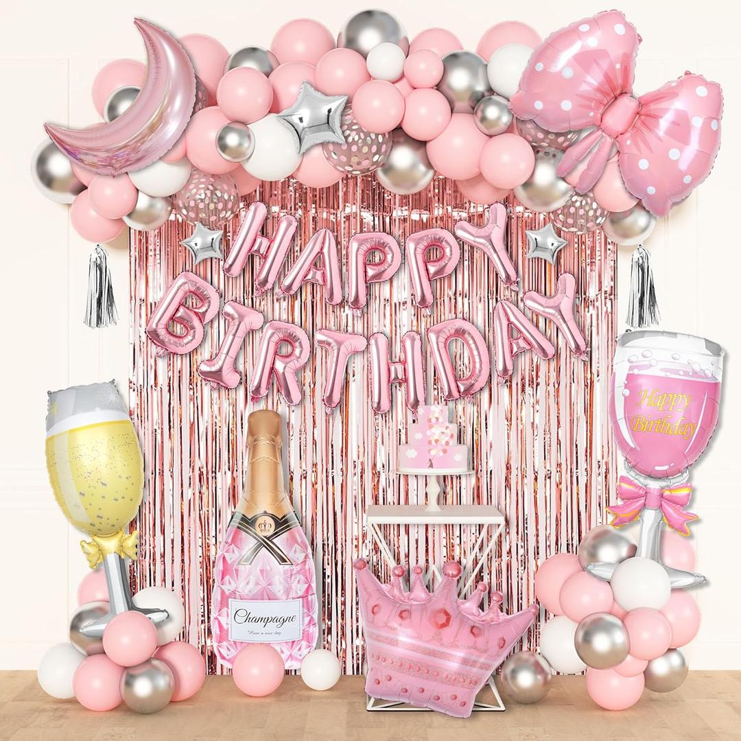 Ouddy Life Pink Happy Birthday Party Decorations for Women Girls, Pink Happy Birthday Love Crown Bow Bottle Lipstick Balloons Fringe Curtain for Princess Birthday Wedding Mother's Day Party Supplies