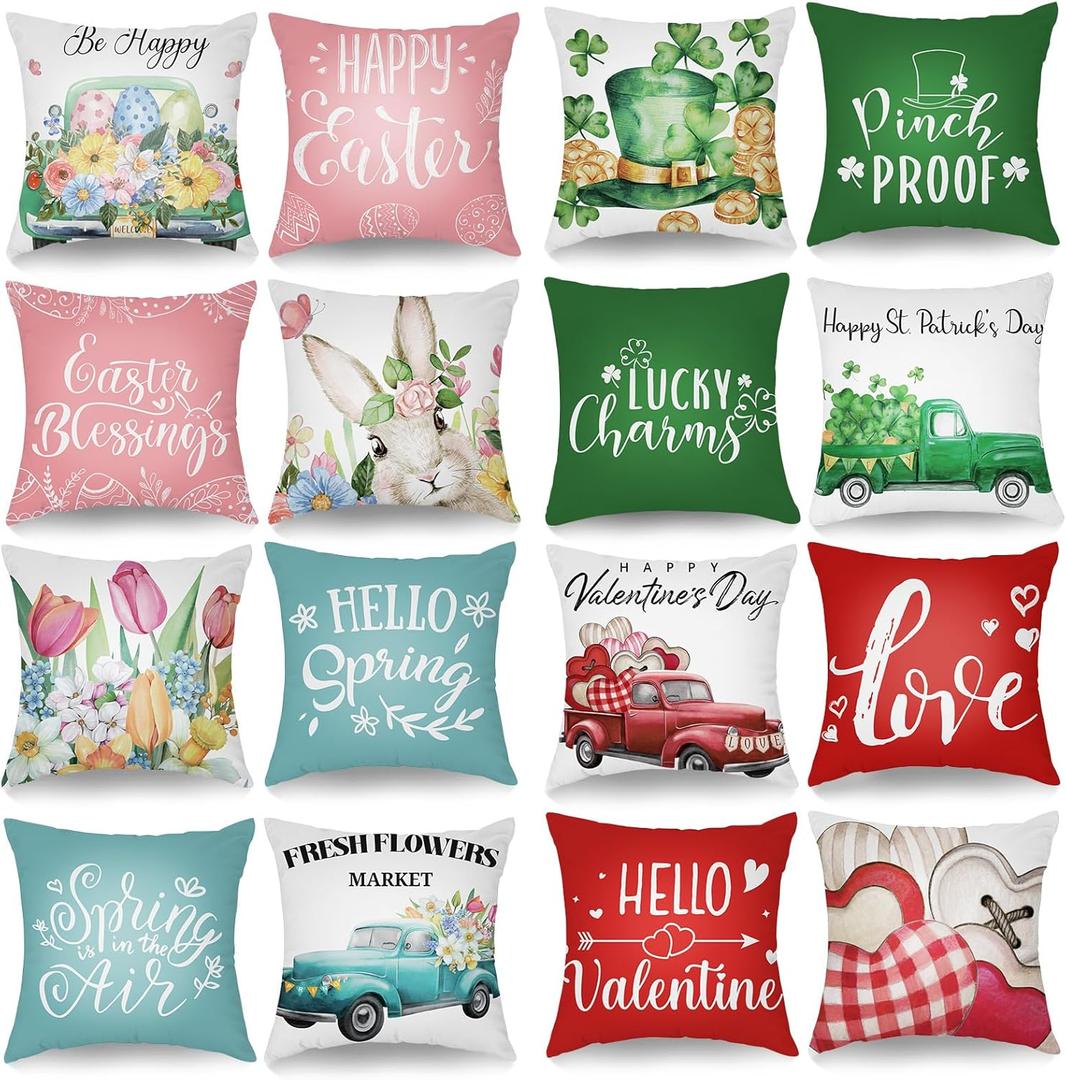 16 Pcs Hello Spring Pillow Covers 18 x 18 Inch Easter Holiday Spring Seasonal Throw Pillow Covers Flower Truck Bunny Cushion Pillowcase for Home Sofa Decor