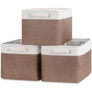 Bidtakay Baskets Fabric Storage Bins for Shelves [3-Pack] Decorative Storage Baskets for Organizing 15 X 11 X 9.5 inches Nursery Closet Foldable Toy Storage Closet Organizer Brown (White&Earthy Brown)