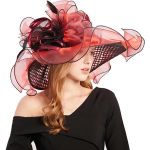 ORIDOOR Women Organza Fascinator Church Derby Hat Floral Tea Party Wedding Hat (Red)