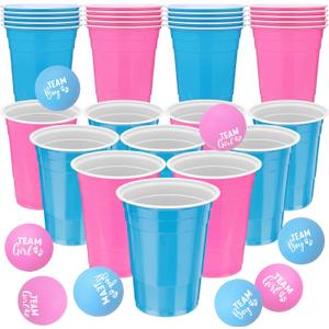 22 Pcs Baby Shower Game Party Team Boys or Girls Cup Set 16 oz Pink Blue Beer Plastic Cups with 8 Balls Gender Reveal Party Game for Indoor Outdoor Event Fun House Parties Favors