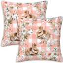 Bunny Throw Pillow Covers 18x18 Set of 2 | Pink Gingham Floral Decorative Cushion Covers | Cottage Rabbit Pillowcases for Couch Sofa Bed Bedroom Living Room
