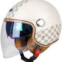 QUICKOOL Dual Visor 3/4 Open Face Motorcycle Helmet for Men & Women, DOT Approved Unisex Retro Half Helmet，Motorbike Casco for Moped Cruiser Bobber and Chopper (Long Outer Shield,M)