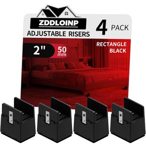 Bed Risers with Adjustable Screw Clamp, Fits Furniture Frame from 0 to 1.5 Inch, Furniture Risers 2 Inch Heavy Duty Risers for Square Round Straight Furniture Legs Support up to 5000Ibs (4Pack, Black)