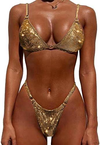 YAUASOPA Women Shiny Bikini Micro Sexy String Two Pieces Swimsuit Female Thong Swimwear, Gold, XL