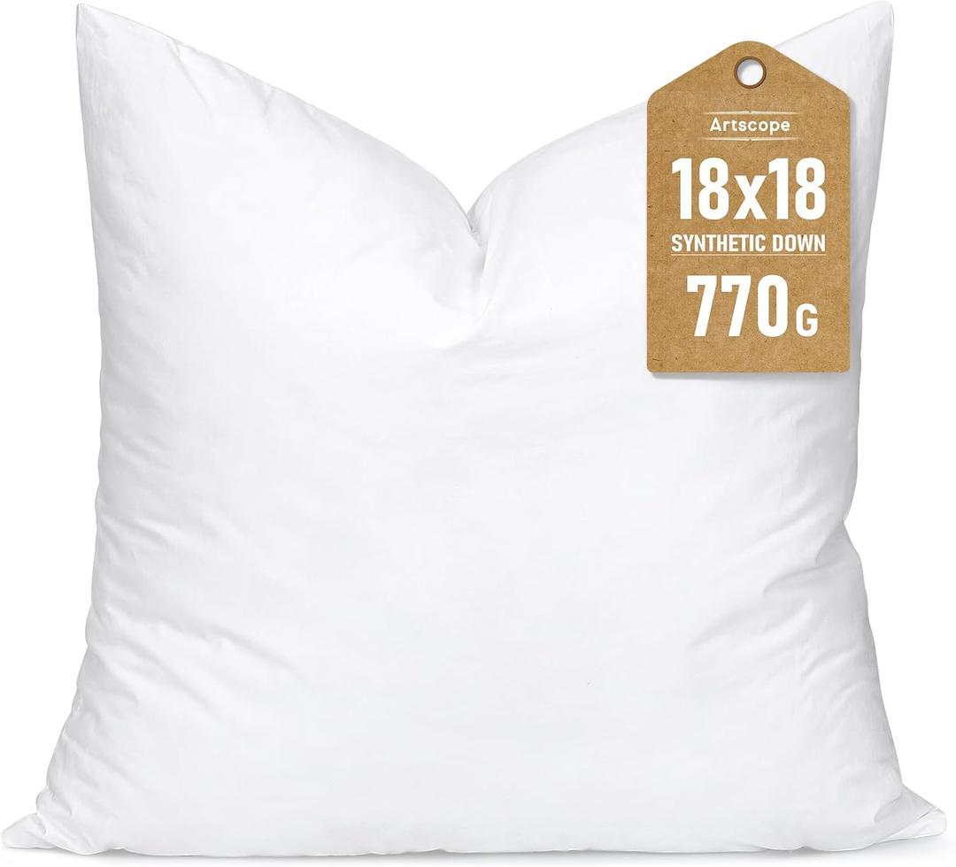 Artscope Synthetic Down Pillow Insert, 18x18 Down Alternative Throw Pillow Insert. Ultra Soft Fluffy Sleeping Pillow with 100% Cotton Cover, Decorative Pillows-White.