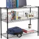 Black Desk Hutch for Dorm 2 Tier Desktop Hutch Bookshelf Carbon Steel Metal Shelf Bookcase for Top of Desk Countertop Storage Organizer for University College Dorm Office 36 x 28 x 12 Inch