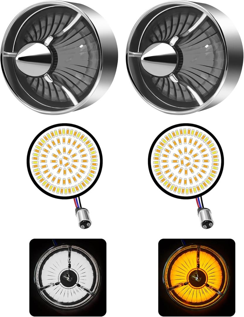 FATECIM Motorcycle 2" 1157 LED Front Turn Signals Blinkers Indicators Amber White Light with Turbine Replacement Smoke Lens for Harley Softail Touring Dyna Fat Boy Sportster Road King Street Glide (Chrome / Turbine Smoke Lens 1157 Amber White Light)