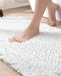 DEXI Bathroom Rug 16x24, Super Soft Thick Chenille Absorbent Bath Mat, Non Slip Machine Washable Fluffy Shag Bathmat for Tub, Shower Floor, Black