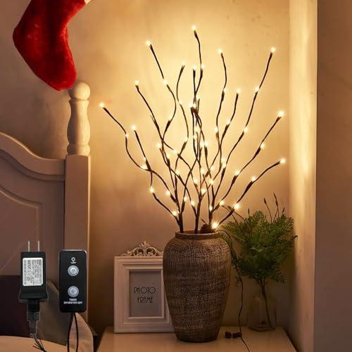 PEIDUO Lighted Brown Branches with Timer, 30Inch 3PK 60 LED Pathway Lights, Willow Branch Lights for Home Decorations Indoor Apartment Outdoor Stake Lights for Lawn