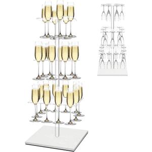 Champagne Tower with Marble Base,26 Slots Champagne Display Rack Designed for Serving and Drying,3-Tier Cocktail Tree Stand for Drinks,Rectangular Champagne Stand Holder for Wedding and Party(White)