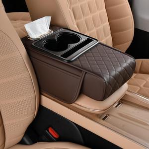 Car Armrest Cushion,5-in-1 Center Console Cover with 2 Storage Bags Cup Holder, Tissue Box Slot, Phone Slot for Sedans, Car Accessories Interior Organizers (Coffee)