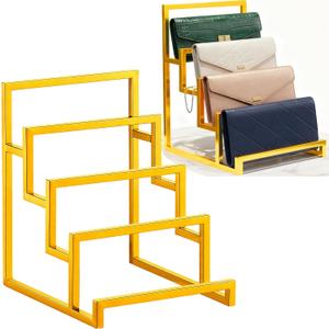 4-Tier Wallet Display Stand 2 Pack Gold , Metal Purse Organizer for Closet Countertop, Handbag Holder Rack Riser Shelf for Wallets Clutch Bags Retail Boutique Store Display