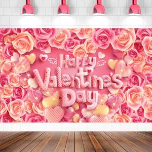 Large Pink Rose Valentine Backdrop Happy Valentines Banner, 72x44 Inch Valentine Photo Backdrop for Valentine Decorations