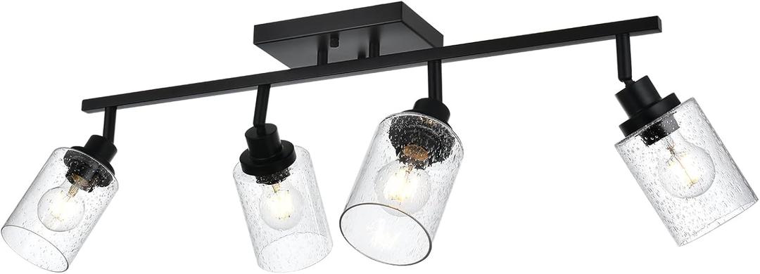 4-Light Track Lighting Kit Bathroom Wall Light Fixtures, Black Directional Ceiling Light for Kitchen Dining Room Bedroom Office, Seeded Glass Shades