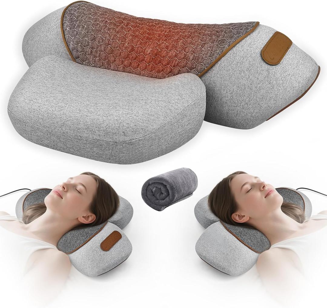 3-in-1 Pillow Neck Massager with Heat & Traction, Deep Tissue Relief & Hump Support, Neck and Shoulder Relaxer for Women & Men (Gray)