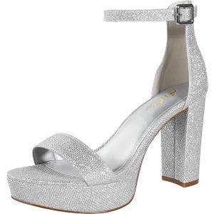Ankis Chunky Platform Heels - 4 Inch Block Heeled Sandals for Women - Comfortable Open Toe Strappy Heels - Black, Nude, White, Silver, Gold - Summer Dress Shoes ( Size 10 )