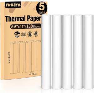TUXIYA 5 Rolls Thermal Printer Paper 8.5"x11" US Letter Size, BPA free Quick-Dry Thermal Paper,Thermal Printing Paper Rolls Compatible Most Portable Printers(About 130 Sheets)