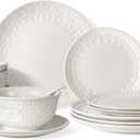 Plates and Bowls Sets - 16 Pieces Ceramic Dinnerware Sets for 4, Embossed White Dish Set Porcelain Kitchen Dishware Sets Dishwasher & Microwave Safe (Multiple Patterns)