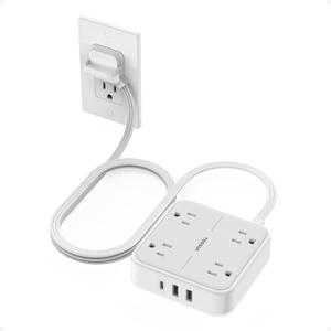 TESSAN Surge Protector Flat Extension Cord 5Ft, Ring Plug Power Strip with 4 Outlets 3 USB Ports (1 USB C), 900 Joules Protection, Multiple Wall Outlet Extender Suitable for Home Office Dorm, Grey