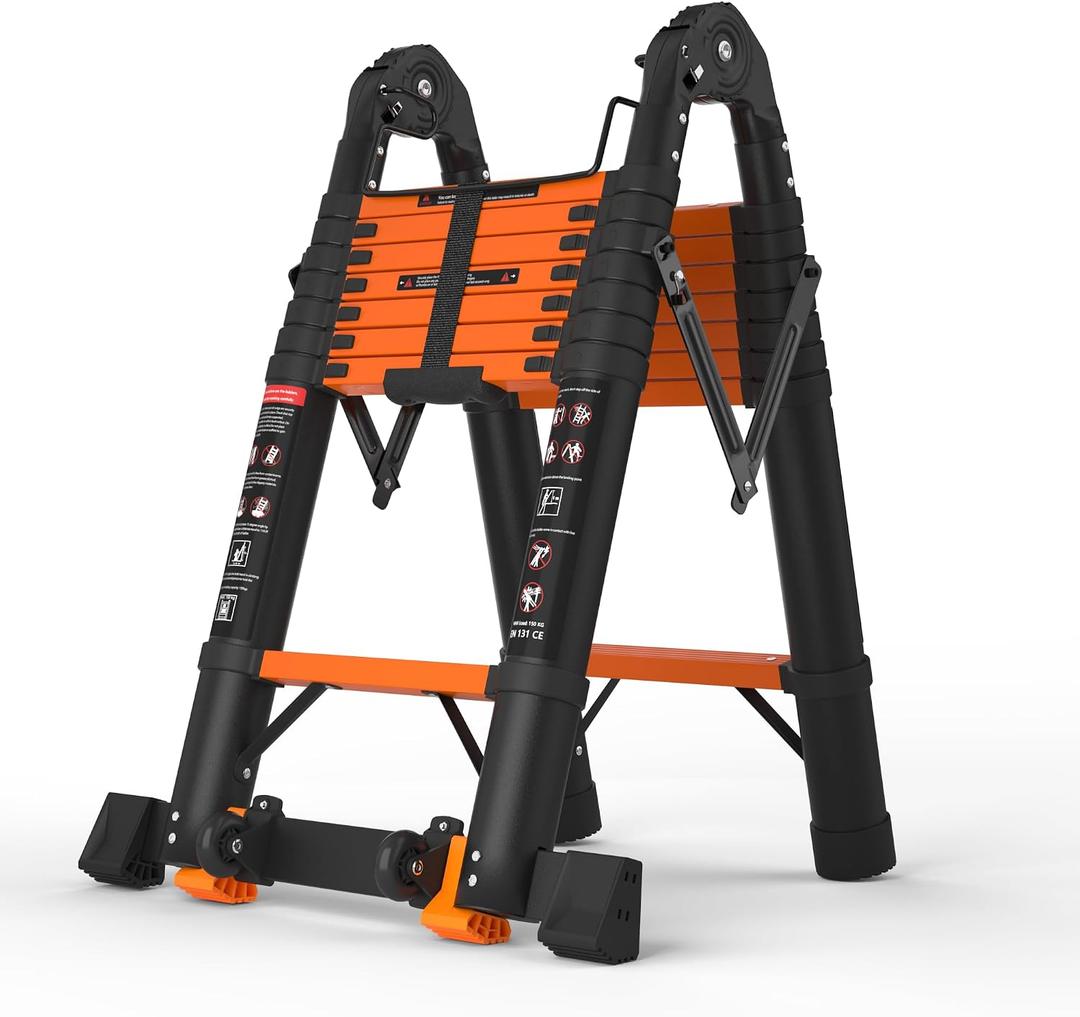 SINMEIRUN Telescoping Ladder, 16.5 FT, A Frame, Aluminum Extension Ladder, 330 lbs Capacity, Collapsible Multi-Purpose Ladder for Home, Roof and RV; Orange