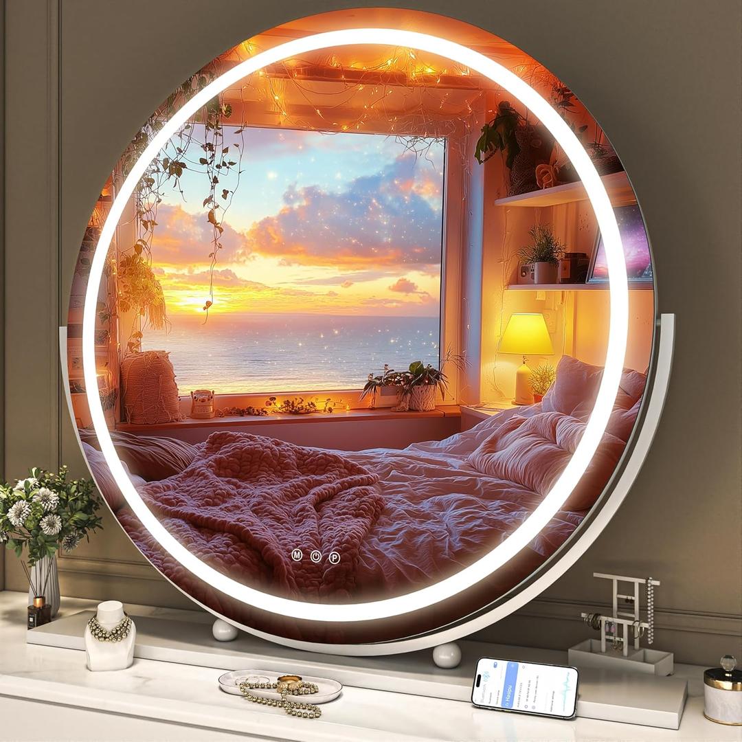 Hasipu Vanity Mirror with Lights and Bluetooth, 28" LED Makeup Mirror, Lighted Makeup Mirror with Lights, Smart Touch Control 3 Colors Dimmable Round Mirror 360°Rotation White