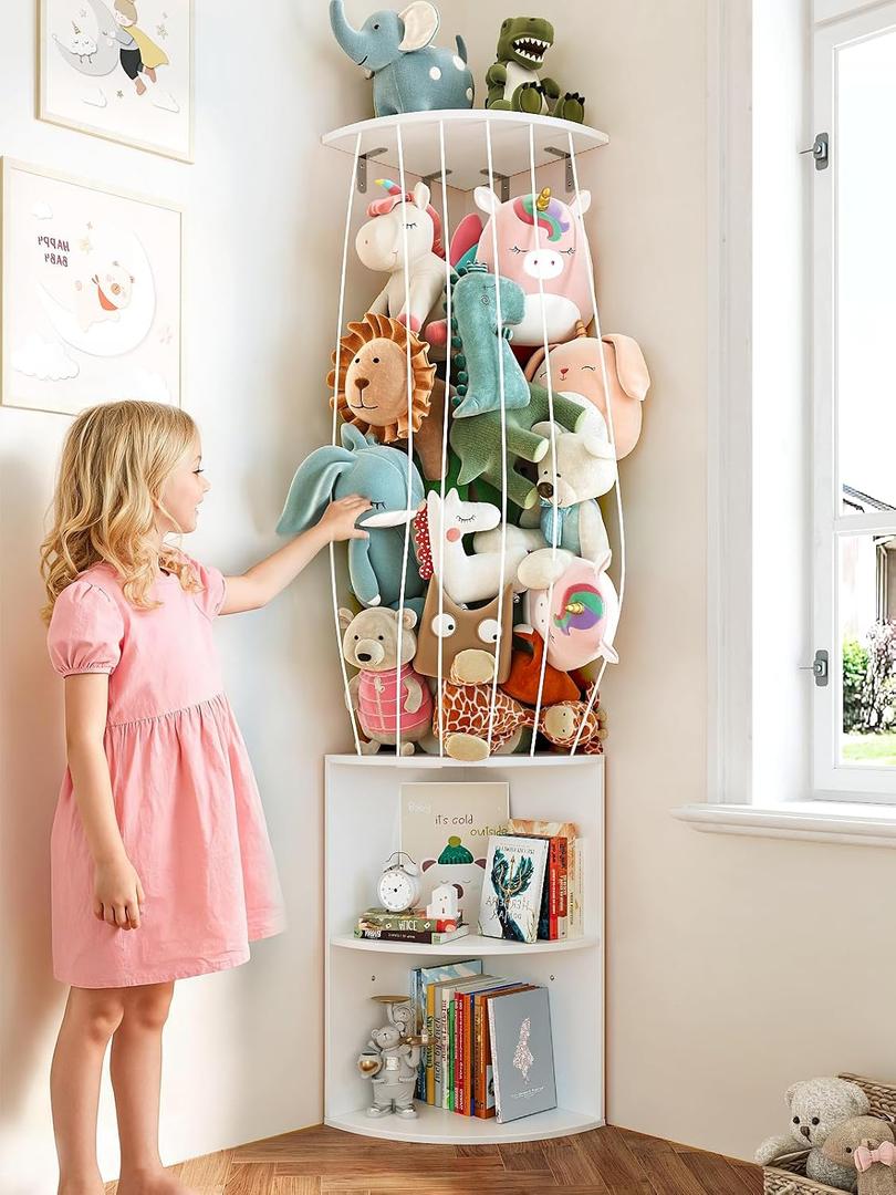 74.7" H Stuffed Animal Storage with 2-Tier Corner Bookshelf - Wall Mount Height Adjustable Plush Toy Organizer, Wooden Kids Bookshelf for Small Spaces Nursery Playroom Kids Room, White, Large