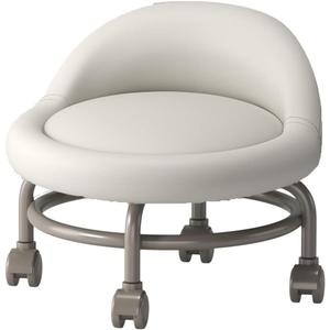 Yellow Low Rolling Stool with Wheel and Back - Footstool, Short Rolling Foot Stool on Wheels with Universal Swivel Caster, PU Leather - Perfect for Versatile Use and Mobility (White)