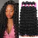 Deep Wave Bundles Synthetic Hair Quick Weave Bundle Curly High Temperature Fiber Hair Extensions for Women Black Color 20 Inches 4Pieces (Color 1B#)