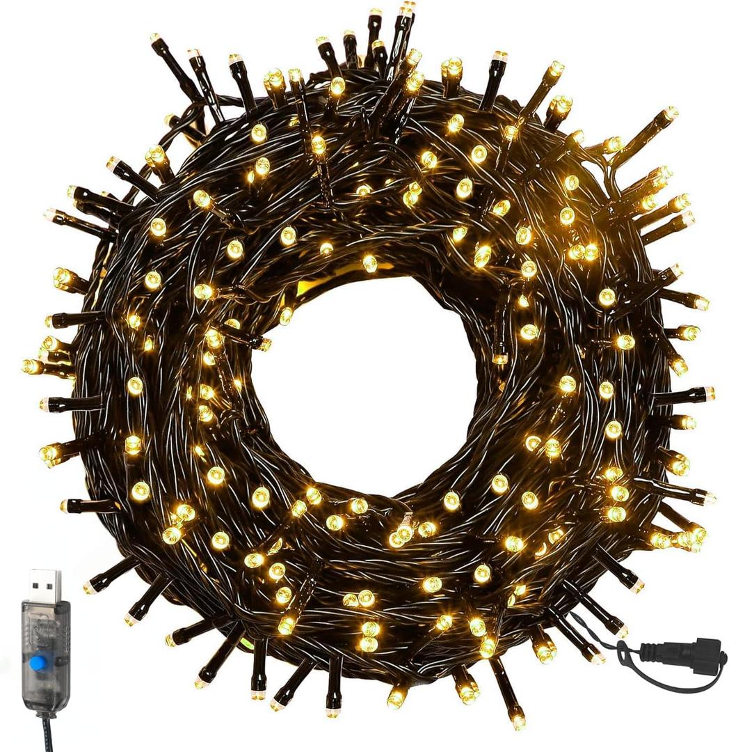 Twinkle Star Christmas Lights Outdoor, 66ft 200 LED Christmas Tree String Lights Indoor for Xmas Party Decorations, Warm White, USB Mode
